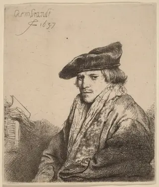 Young Man in a Velvet Cap (Petrus Sylvius?), by Rembrandt van Rijn, ink, 1637