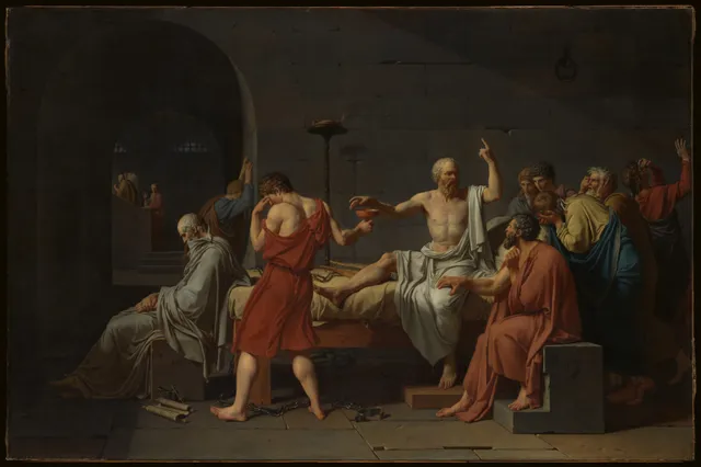 The Death of Socrates (1787): the philosopher reaches for the cup without looking, still teaching as he dies.