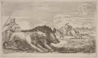 Boar Chased by a Dog, by Stefano Della Bella, ink, 1637