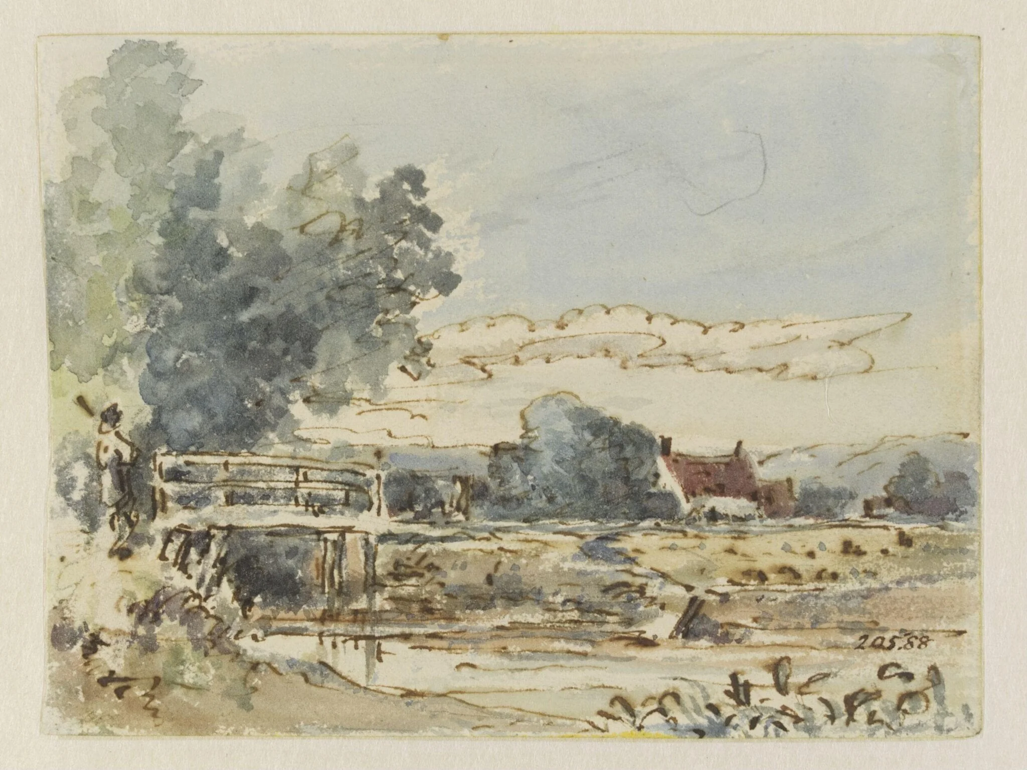 A bridge over a stream, with a cottage behind, detail