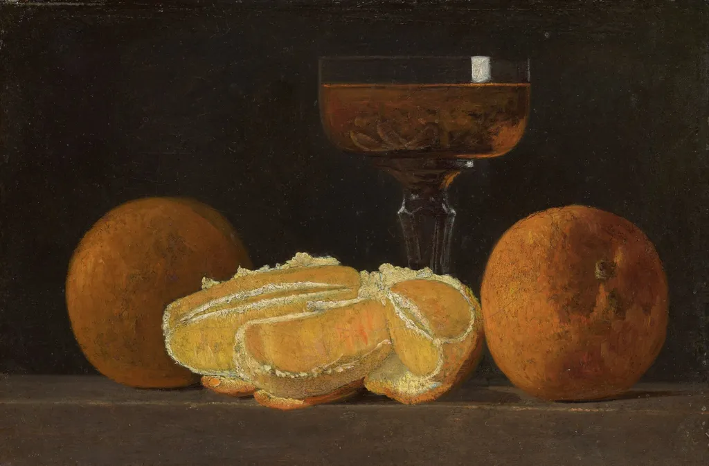 Still Life with Oranges and Goblet of Wine, by John F. Peto, oil, 1894