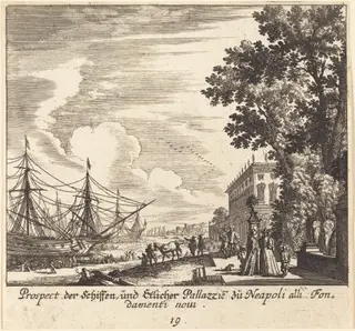 Ships, Fondamenti Novi, Naples, by Melchior Küsel, ink, 1681