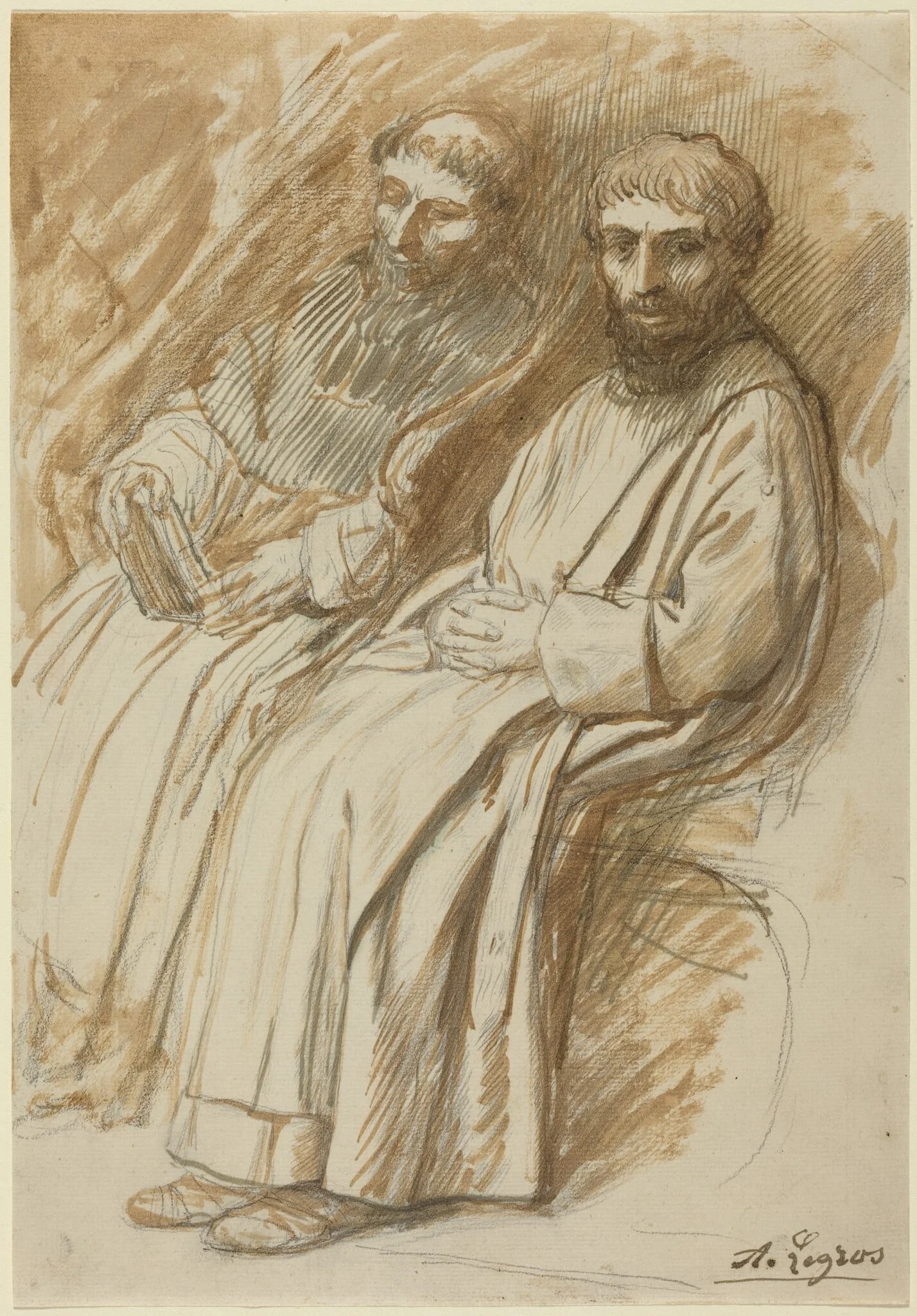 Two Monks Seated in a Church, detail