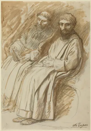 Two Monks Seated in a Church, by Alphonse Legros, ink, 1874