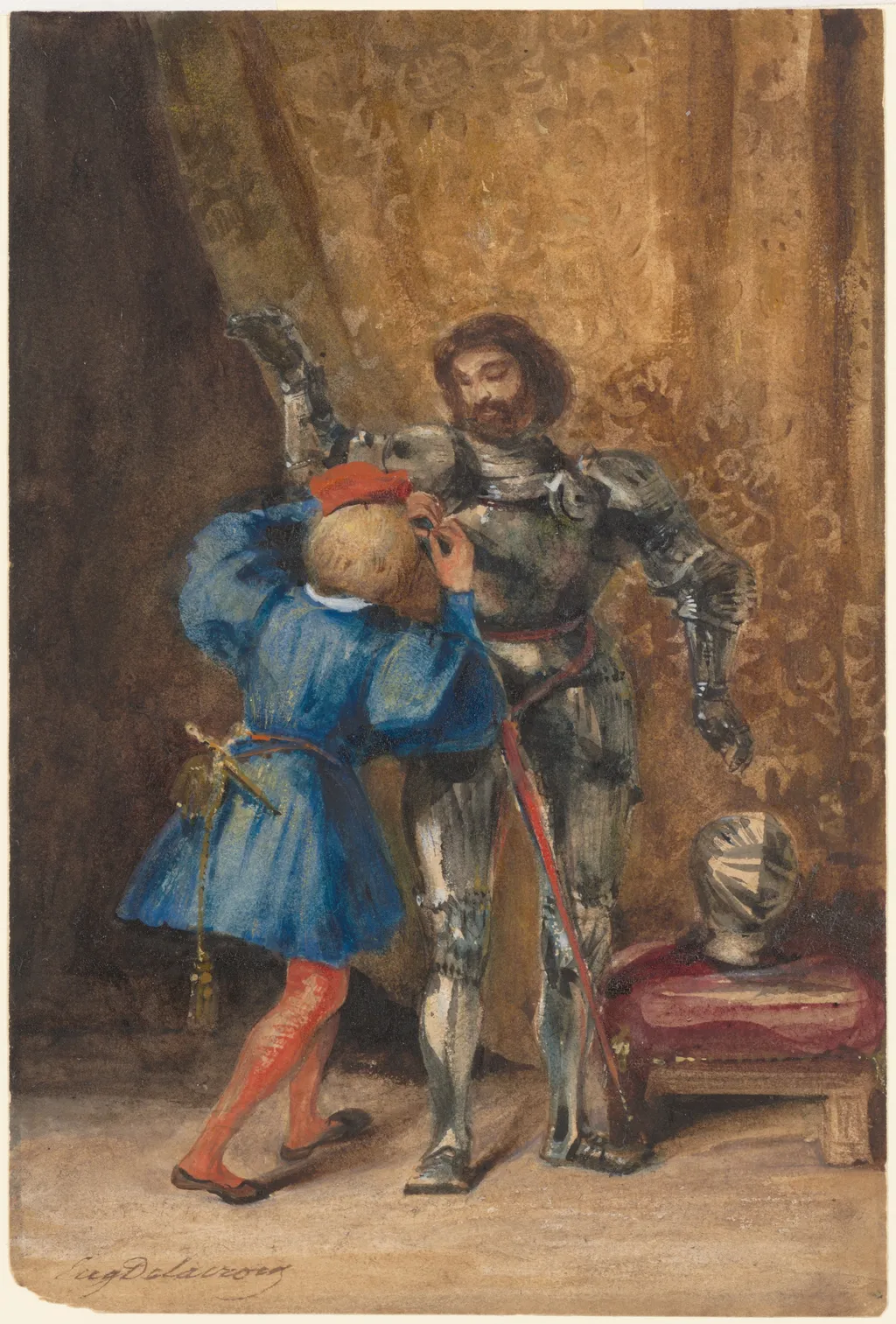 Goetz von Berlichingen Being Dressed in Armor by His Page George, by Eugène Delacroix, watercolor, 1826
