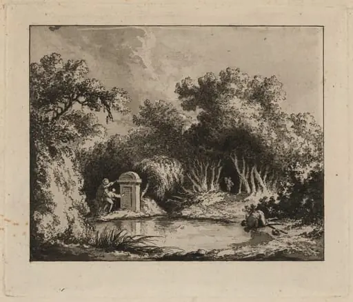 Landscape with Figures, by Jacques Charles Bar, ink, 1786