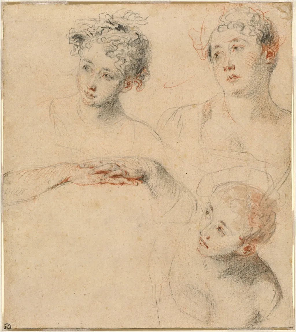 Three Studies of a Woman's Head and a Study of Hands [recto], by Jean Antoine Watteau, chalk, 1718