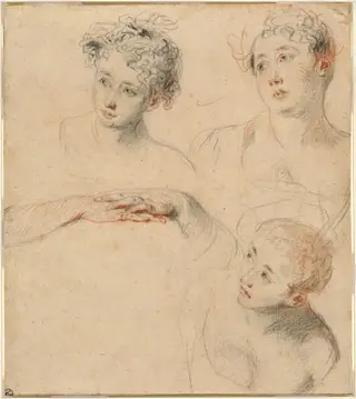 Three Studies of a Woman's Head and a Study of Hands [recto], by Jean Antoine Watteau, chalk, 1718
