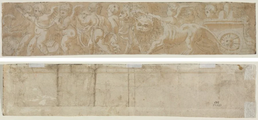 Chariot Drawn by Lions with Amorini (recto) Partial Architectural Study (verso), detail
