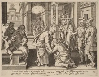 Cornelius Worshipping Saint Peter, by Philip Galle, ink, 1574