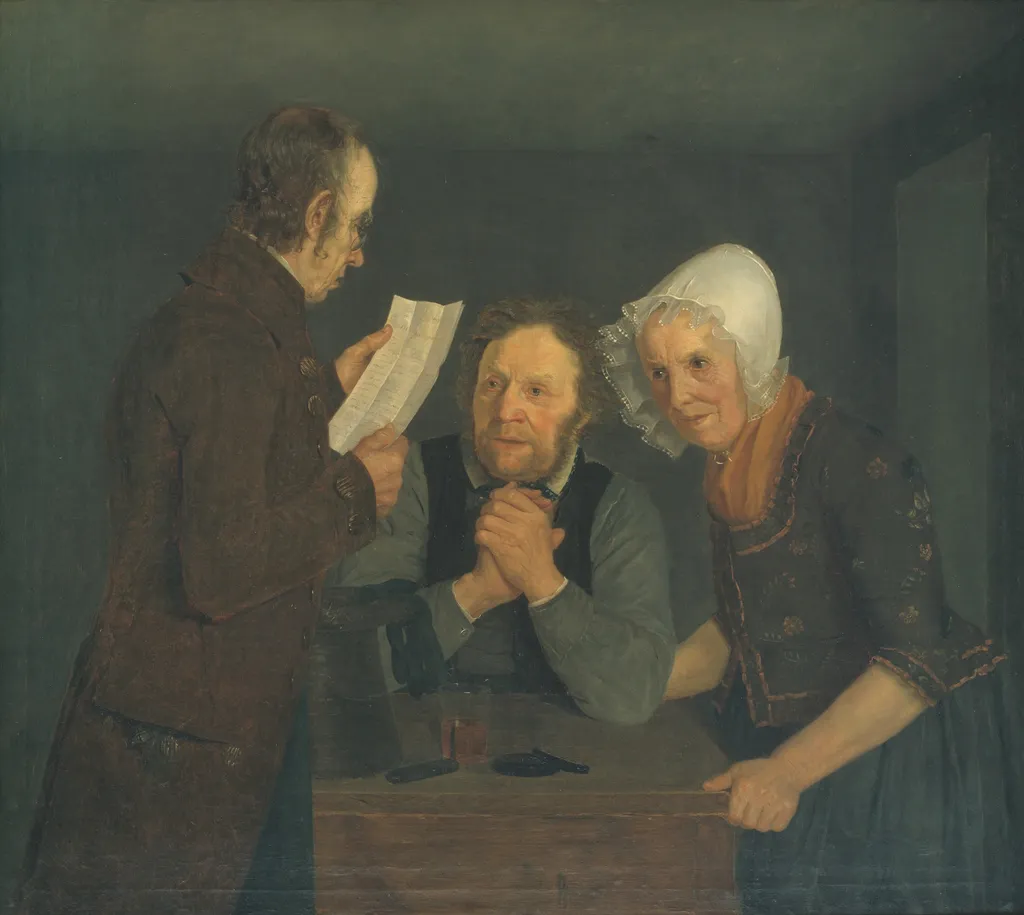 A Schoolmaster Reading Aloud a Letter to an Old Couple from Their Son Abroad, by Moritz Unna, oil, 1835