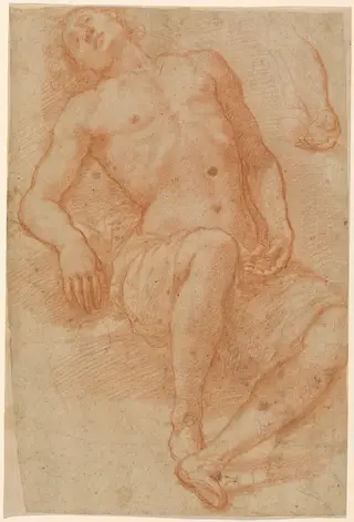 A Male Nude, Half Reclining, by Matteo Rosselli, chalk, 1623