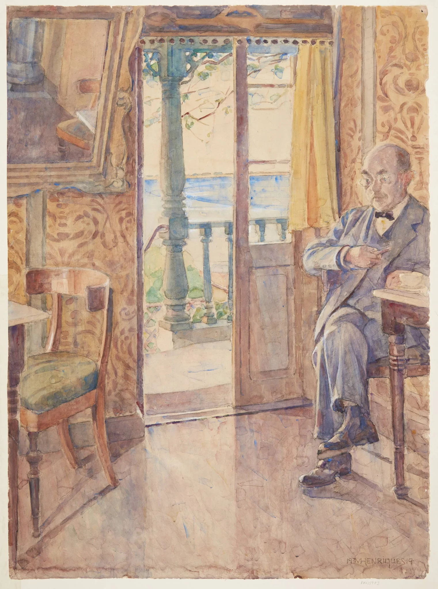 Maleren Tom Petersen, siddende i en veranda, detail