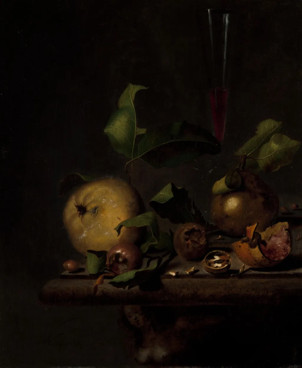Still Life with Quinces, Medlars and a Glass, by Martinus Nellius, unspecified, 1694