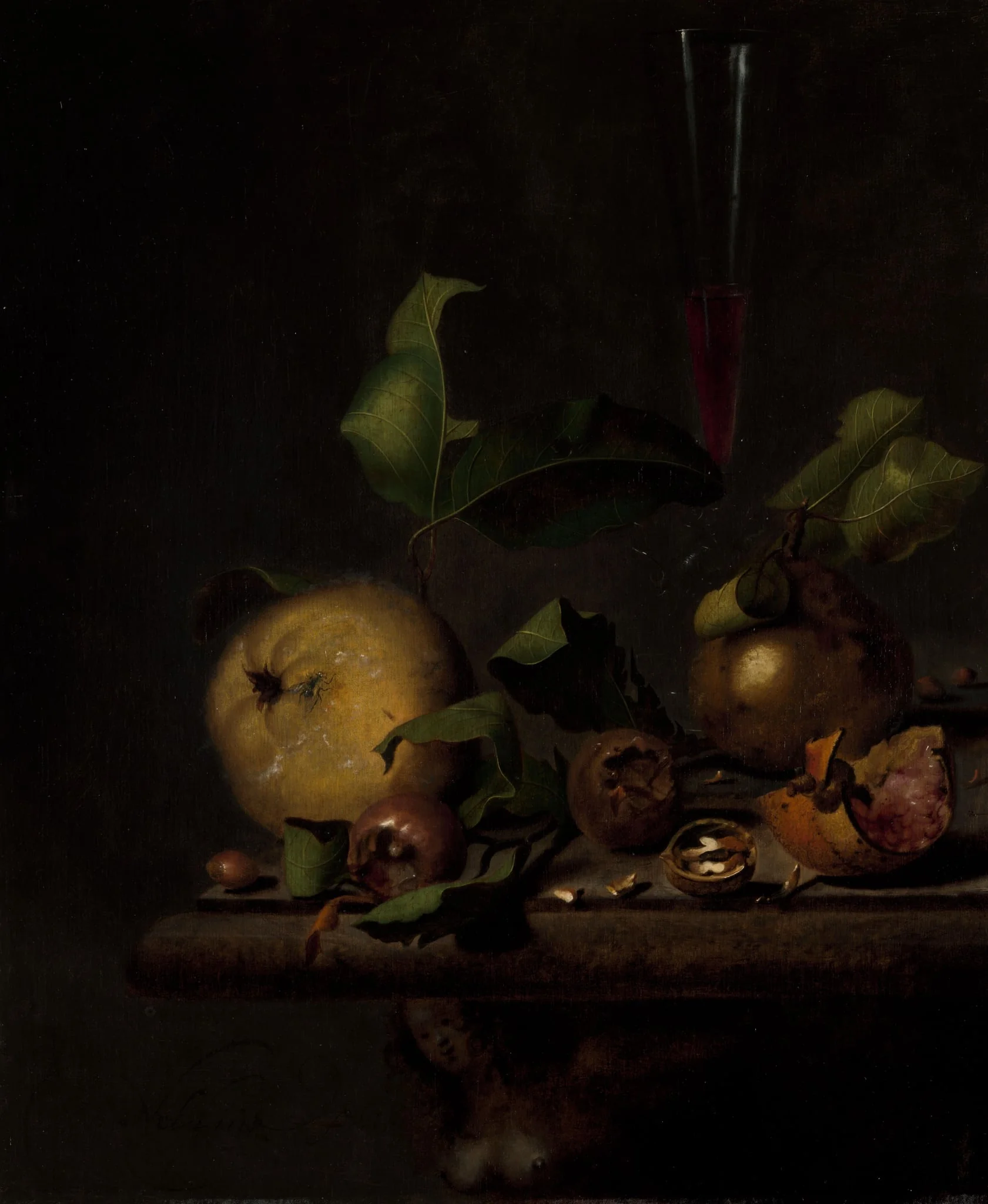 Still Life with Quinces, Medlars and a Glass, detail