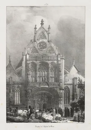 Voyages pittoresques et romantiques dans l'ancienne France,  Franche-Comté:  Façade de l'église de Brou, by Richard Parkes Bonington, 1825