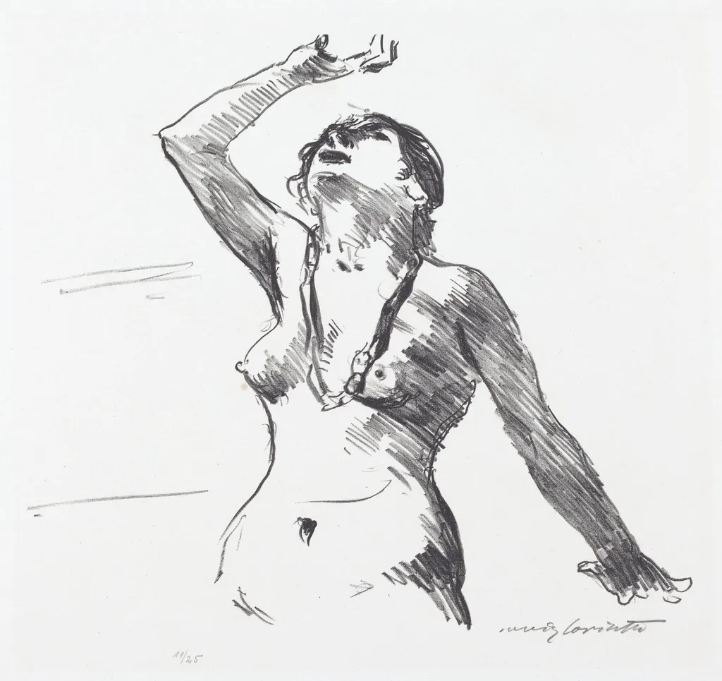Weiblicher Akt in Abwehr (Female Nude Defending Herself), by Lovis Corinth, ink, 1913