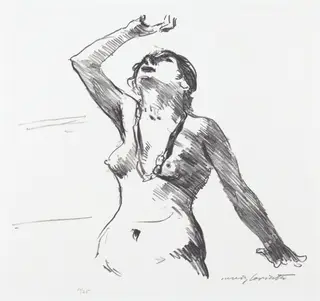 Weiblicher Akt in Abwehr (Female Nude Defending Herself), by Lovis Corinth, ink, 1913