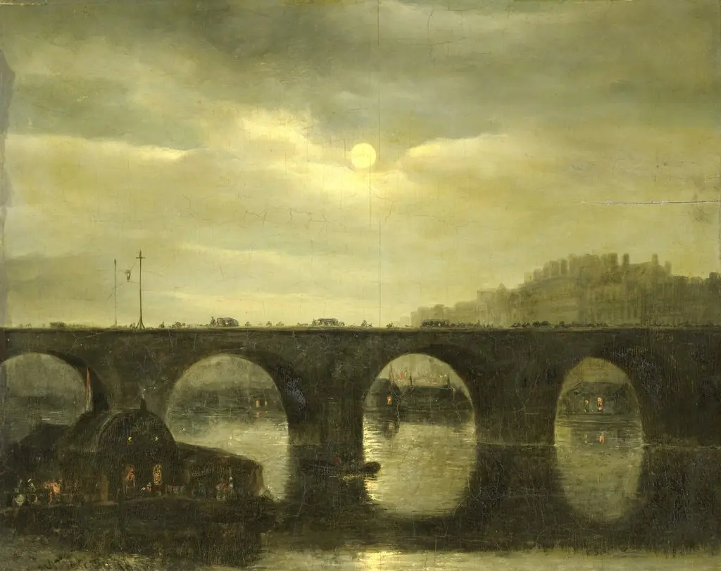 View of a Bridge of the Seine in Paris by Moonlight, by Anthonie Waldorp, oil, 1835
