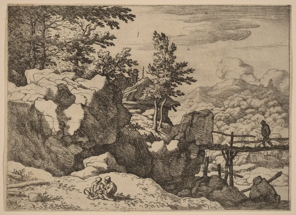 Man on a Small Wooden Bridge, by Allart van Everdingen, ink, 1650