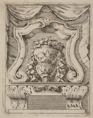 Architectural Motif with Fruit in a Vase, by Carlo Antonio Buffagnotti, ink, 1690