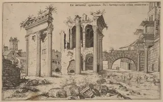 View of the Forum of Nerva, by Hieronymus Cock, ink, 1550
