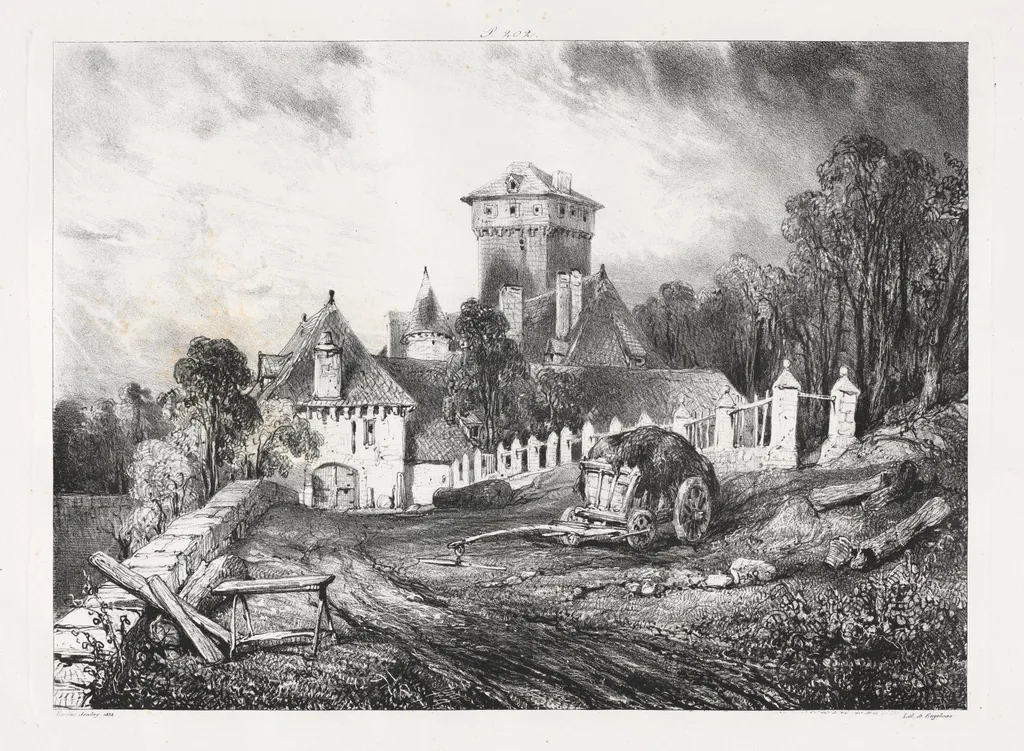 Voyages pittoresques et romantiques dans l'ancienne France, Auvergne:  Château de Pesteil à Polminhac, by Eugène Isabey, 1832
