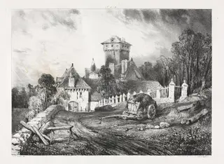 Voyages pittoresques et romantiques dans l'ancienne France, Auvergne:  Château de Pesteil à Polminhac, by Eugène Isabey, 1832