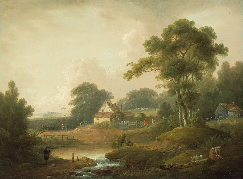 Landscape with Fisherman and Washerwoman, by George Morland, unspecified, 1796
