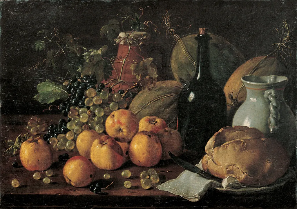 Still Life with Apples, Grapes, Melons, Bread, Jug and Bottle, by Luis Egidio Meléndez, oil, 1771