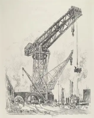 Made in Germany, the Great Crane, by Joseph Pennell, ink, 1916