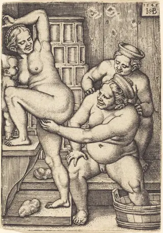 Three Women in a Bathroom, by Sebald Beham, ink, 1548