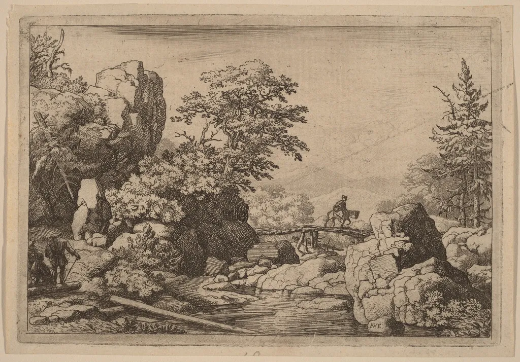 Horseman on a Bridge, by Allart van Everdingen, ink, 1650
