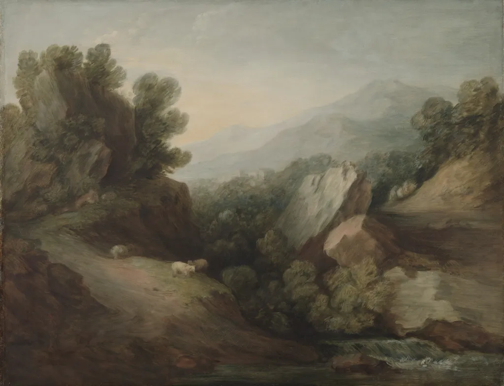 Rocky, Wooded Landscape with a Dell and Weir, by Thomas Gainsborough, oil