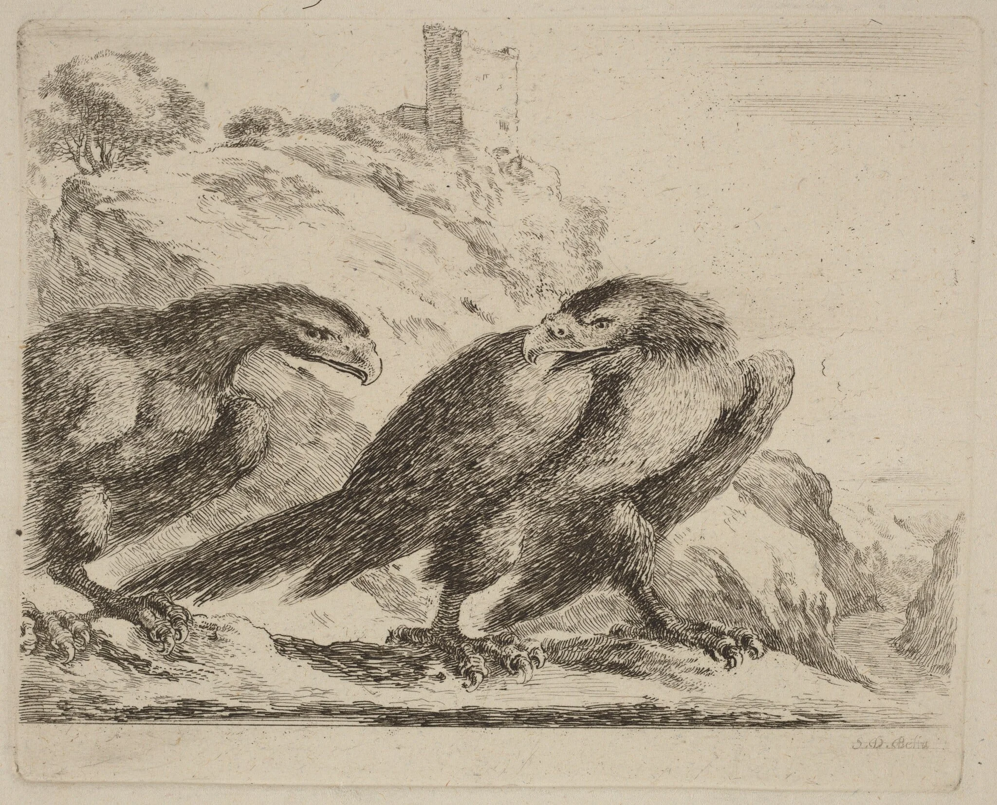 Two Eagles with Tower in Background, detail
