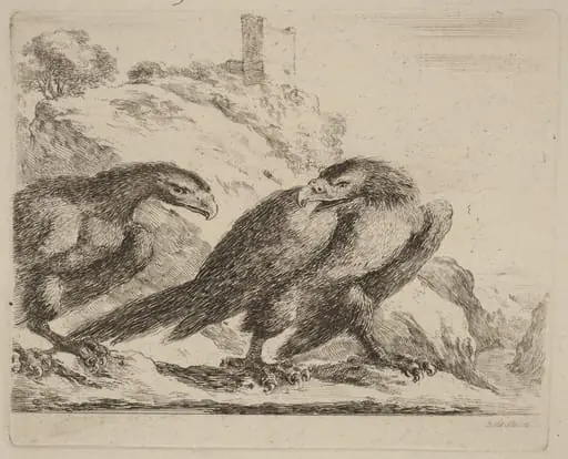 Two Eagles with Tower in Background, by Stefano Della Bella, ink, 1637