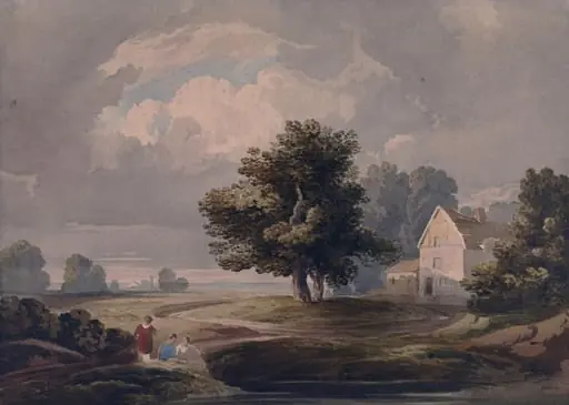 Landscape with cottage, by John Varley, watercolor, 1800