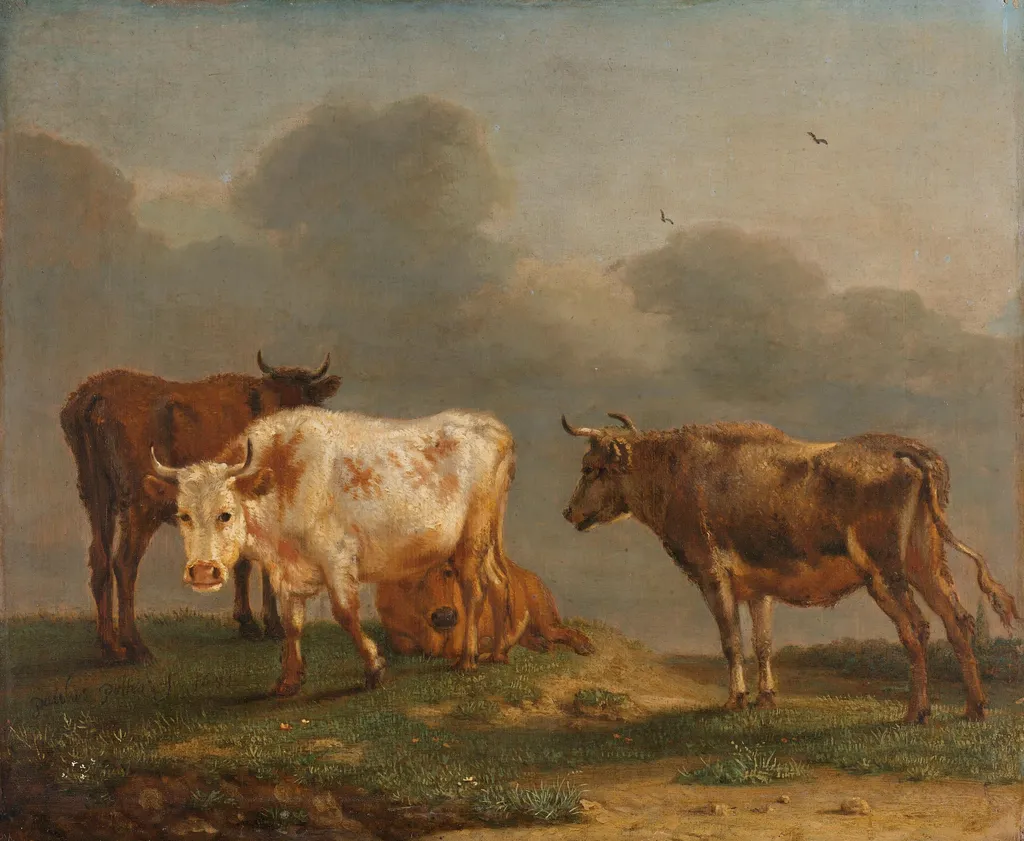 Four Cows in a Meadow, by Paulus Potter, oil, 1651