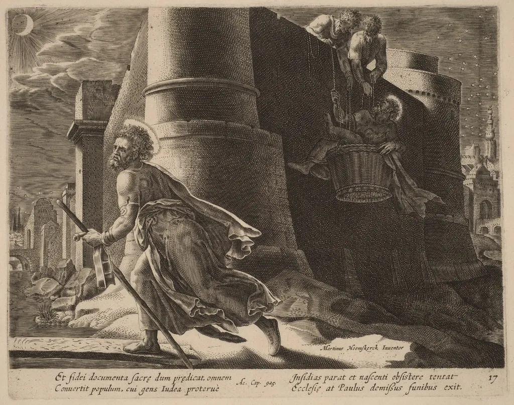 Saint Paul Escapes from Damascus, by Philip Galle, ink, 1574