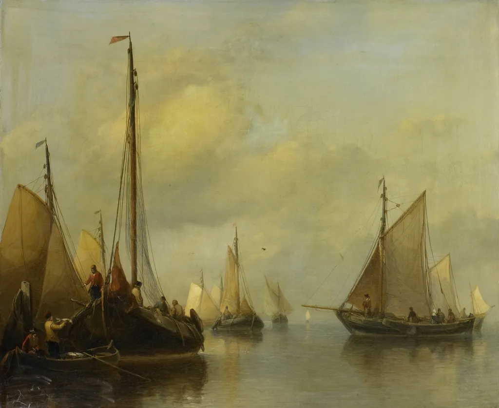 Fishing Boats on calm Water, by Anthonie Waldorp, oil, 1850