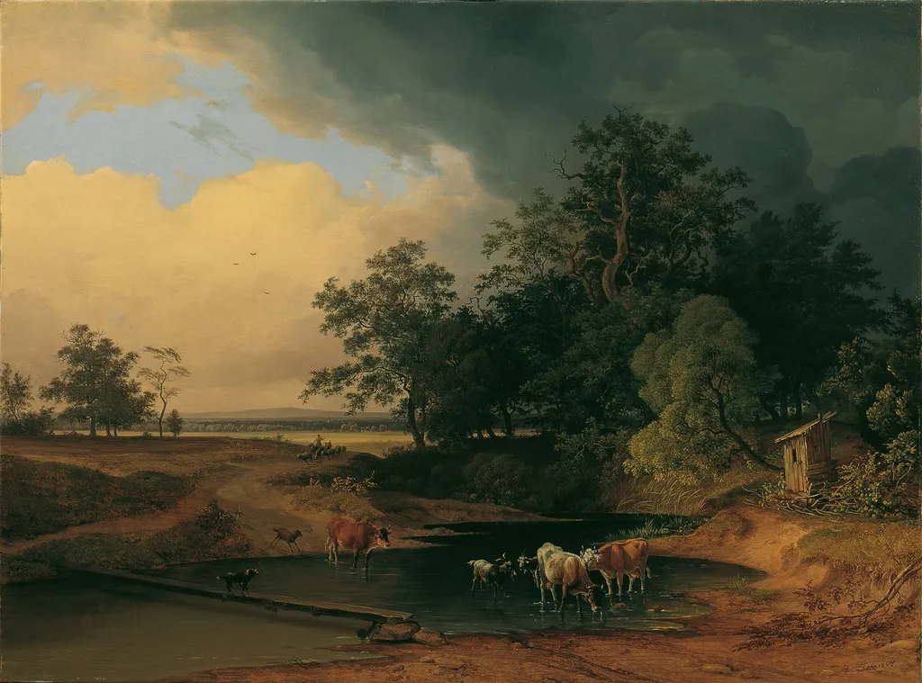 Aulandschaft bei Abendstimmung, by Josef Feid, oil, 1847