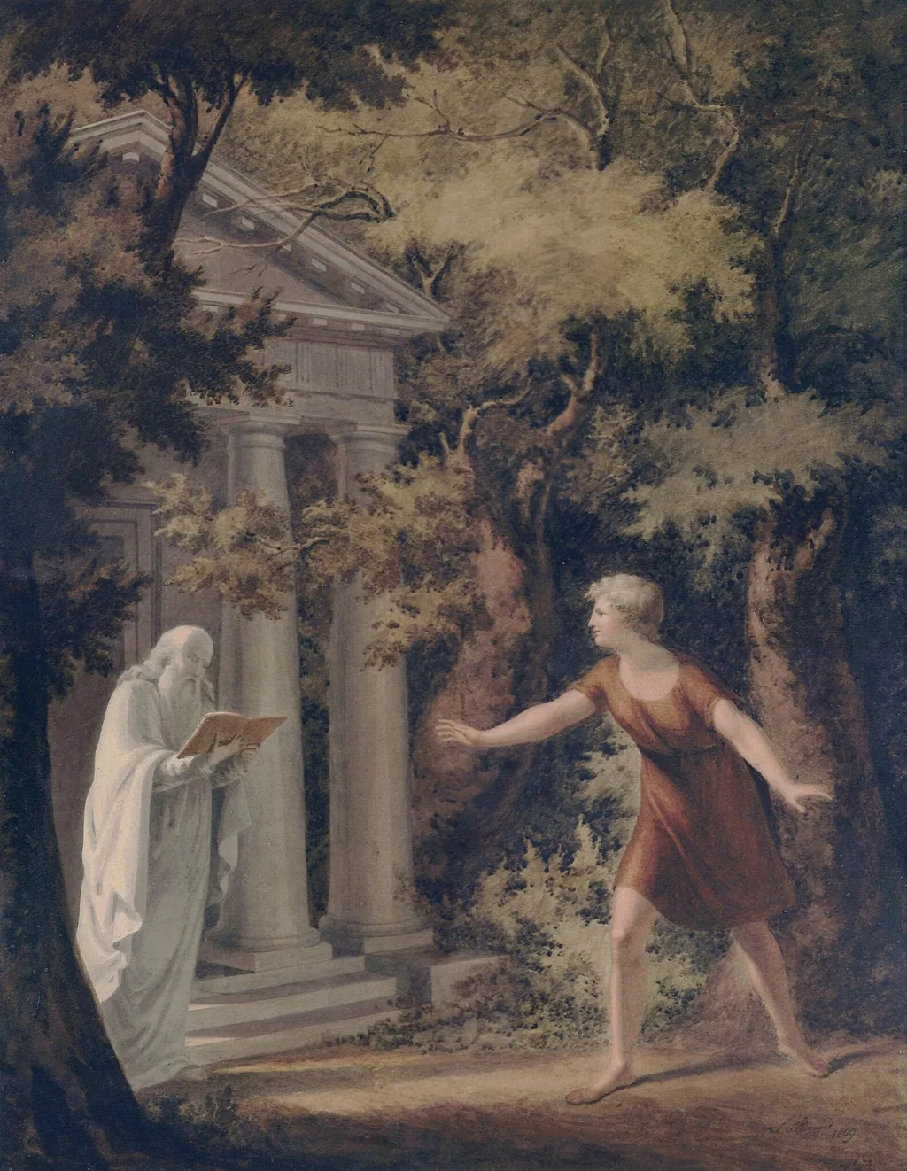 Telemachus discovering the priest of Apollo, by Stephen Francis Rigaud, watercolor, 1809