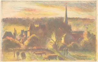 Eglise et ferme d'Éragny (A Church and Farm at Éragny), by Camille Pissarro, ink, 1890