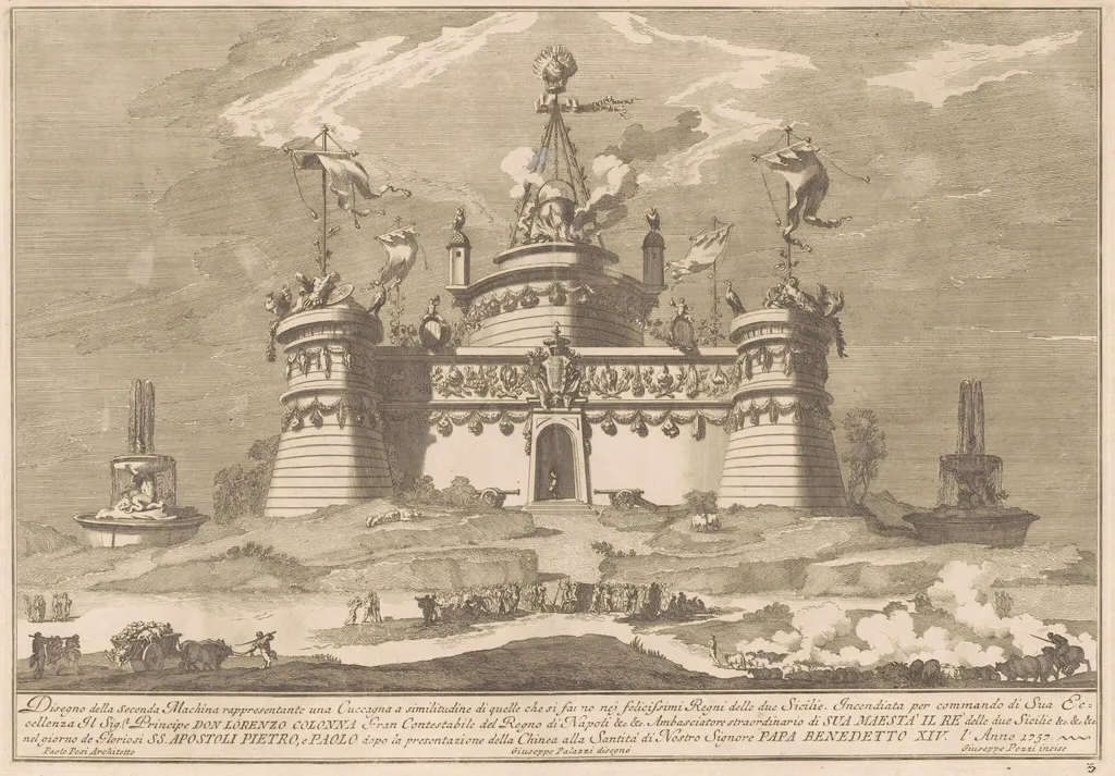 The Seconda Macchina for the Chinea of 1757: The Fortress of Cockaigne, by Giuseppe Pozzi, ink, 1757
