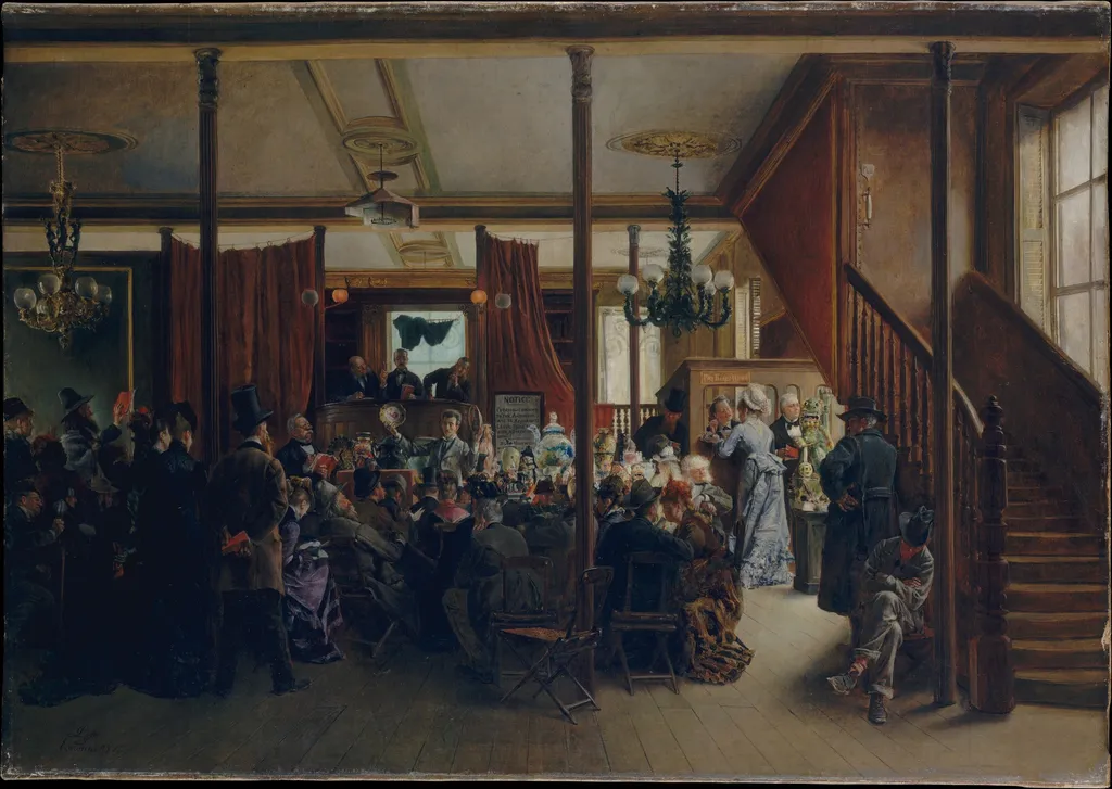 Auction Sale in Clinton Hall, New York, 1876, by Ignacio León y Escosura, oil, 1888