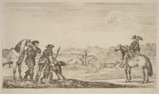 Small Deer Chased by a Cavalier, by Stefano Della Bella, ink, 1637