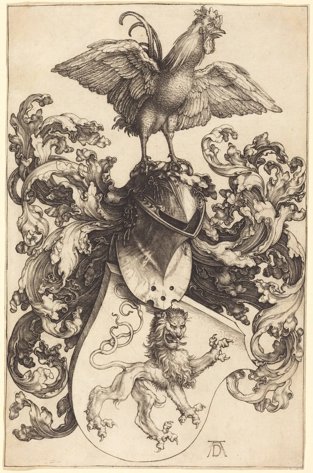 Coat of Arms with a Lion and a Cock, by Albrecht Dürer, ink, 1502