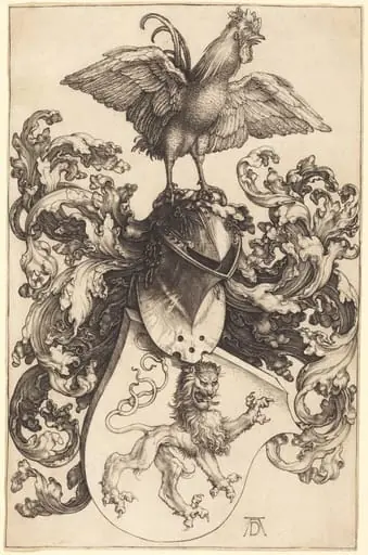 Coat of Arms with a Lion and a Cock, by Albrecht Dürer, ink, 1502