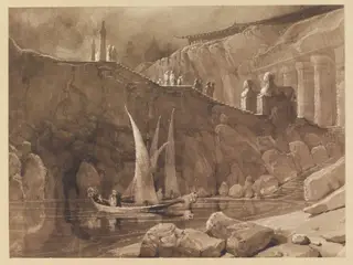 Oriental Capriccio, with water, boats and buildings, by William SBA West, watercolor, 1828