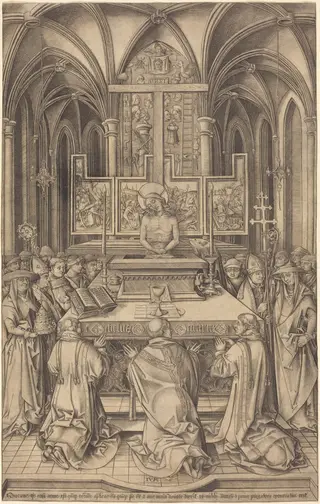 The Mass of Saint Gregory, by Israhel van Meckenem, ink, 1495
